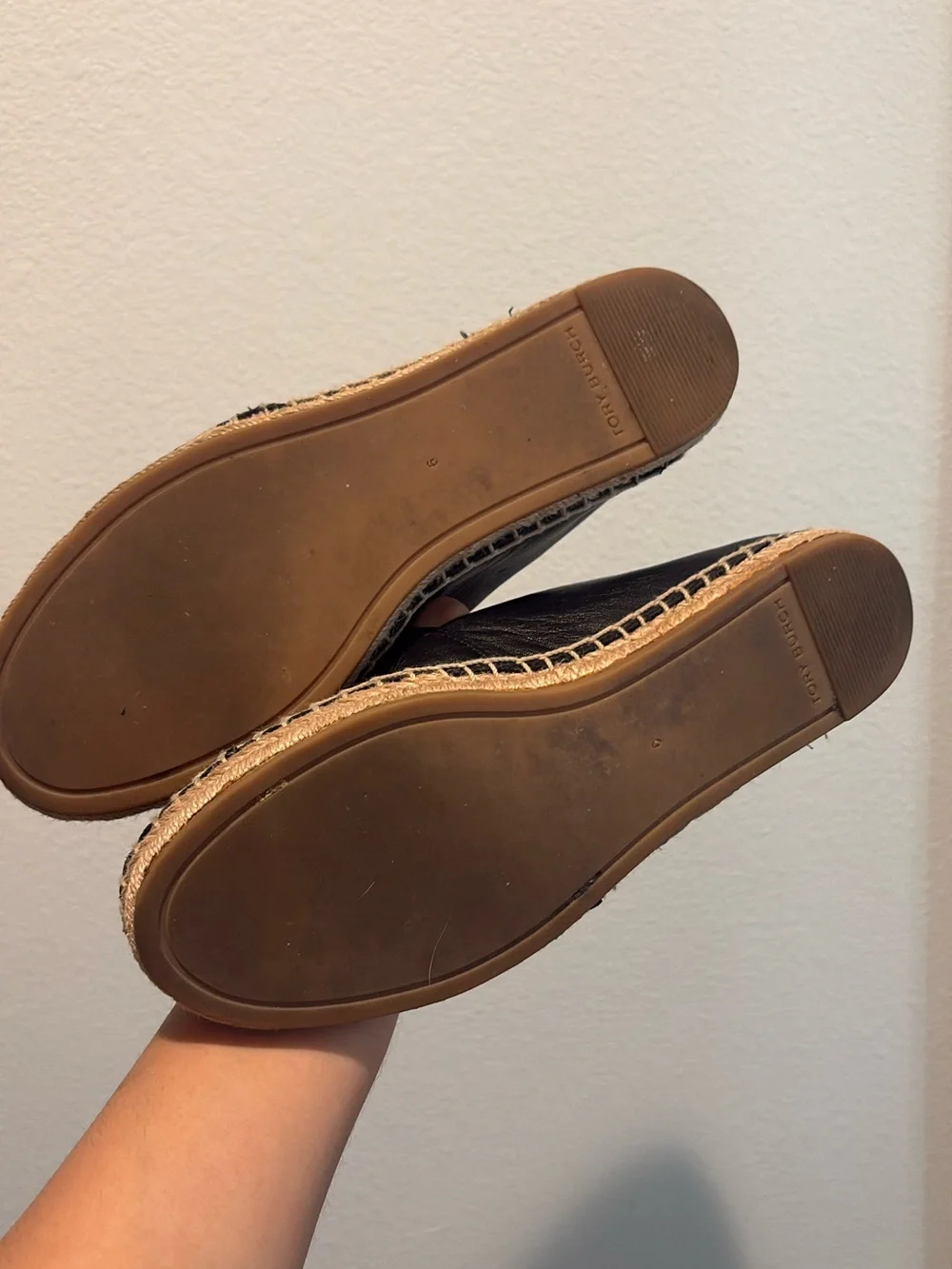 Tory Burch Black Leather Espadrille Slip-Ons with Logo